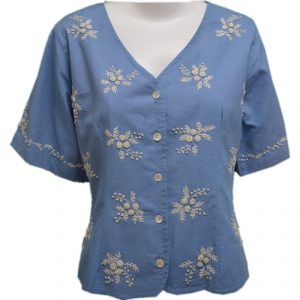 Beautiful light Blue cotton top with floral lace/ stitch detail.